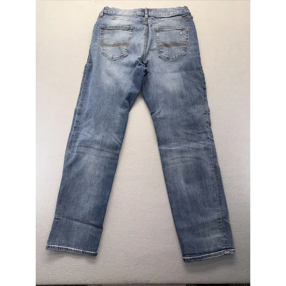 Sun + Stone Mens 34x30 Distressed Patch Straight Leg Stretch Jeans Light Wash